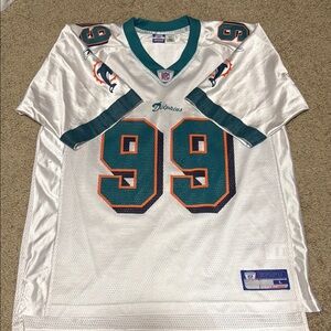 Reebok White and Teal Miami Dolphins Jersey with Orange Highlights